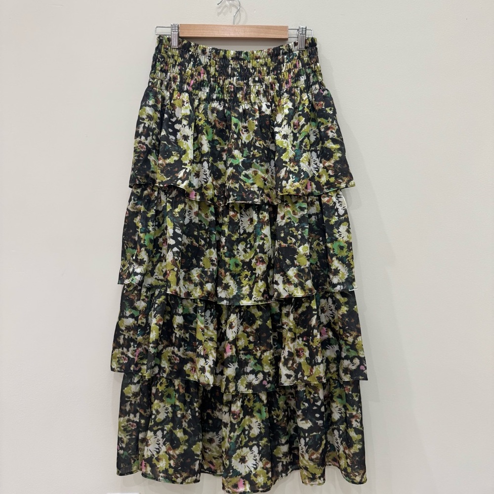 Industry Reflections Floral Tiered Ruffle Skirt Black Green Multi Size M